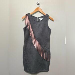 Elisa B. Dress Girl’s Size 20 Faux Suede Sleeveless Gray w/Gray & Pink Fringe